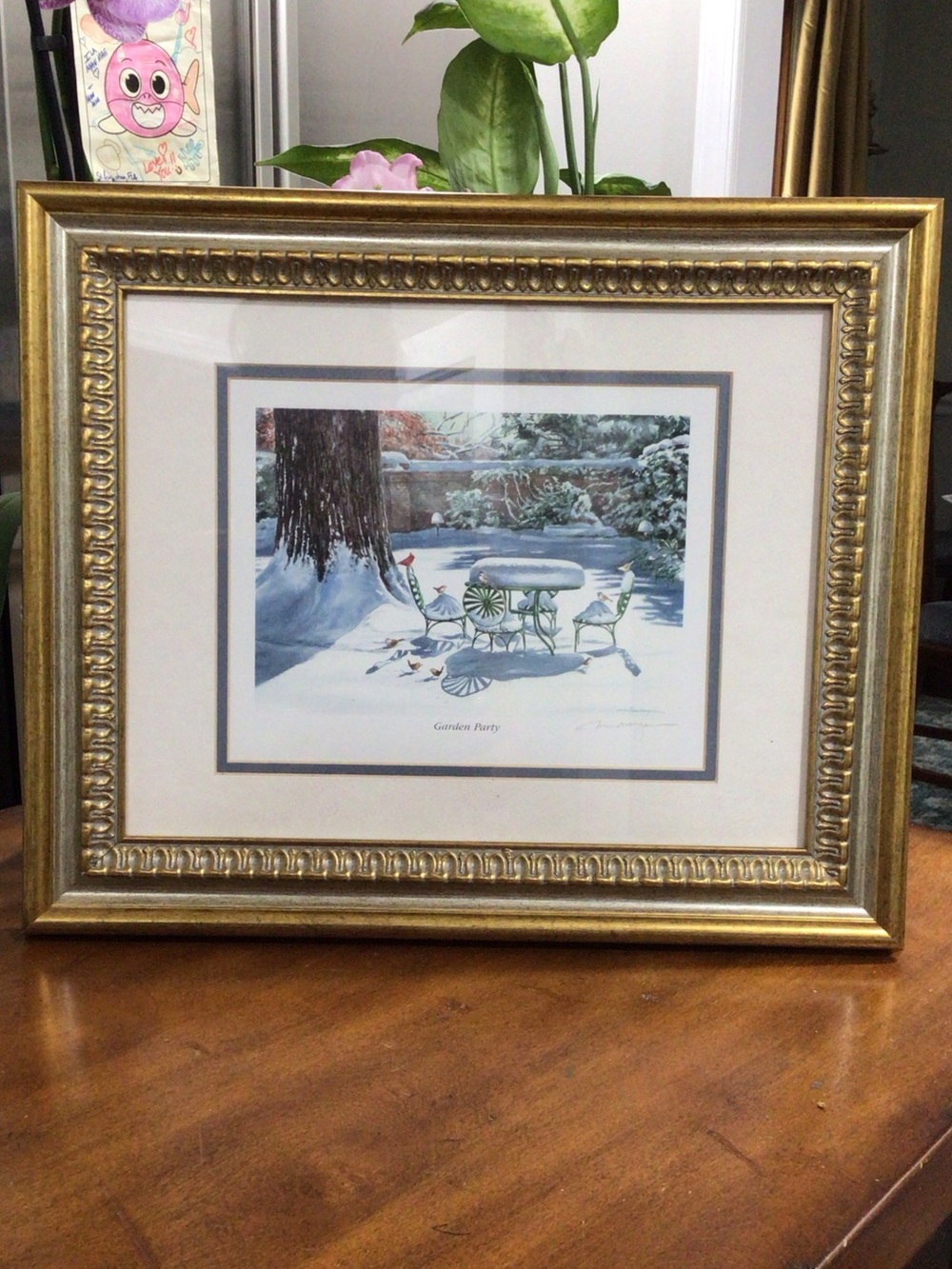 Gold Framed Winter Garden Cardinals “Garden Party” Print